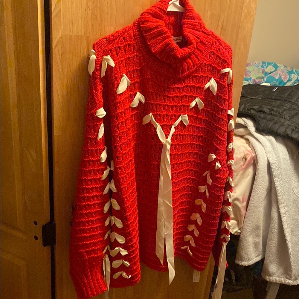 Red Sweater with Ribbon Accents